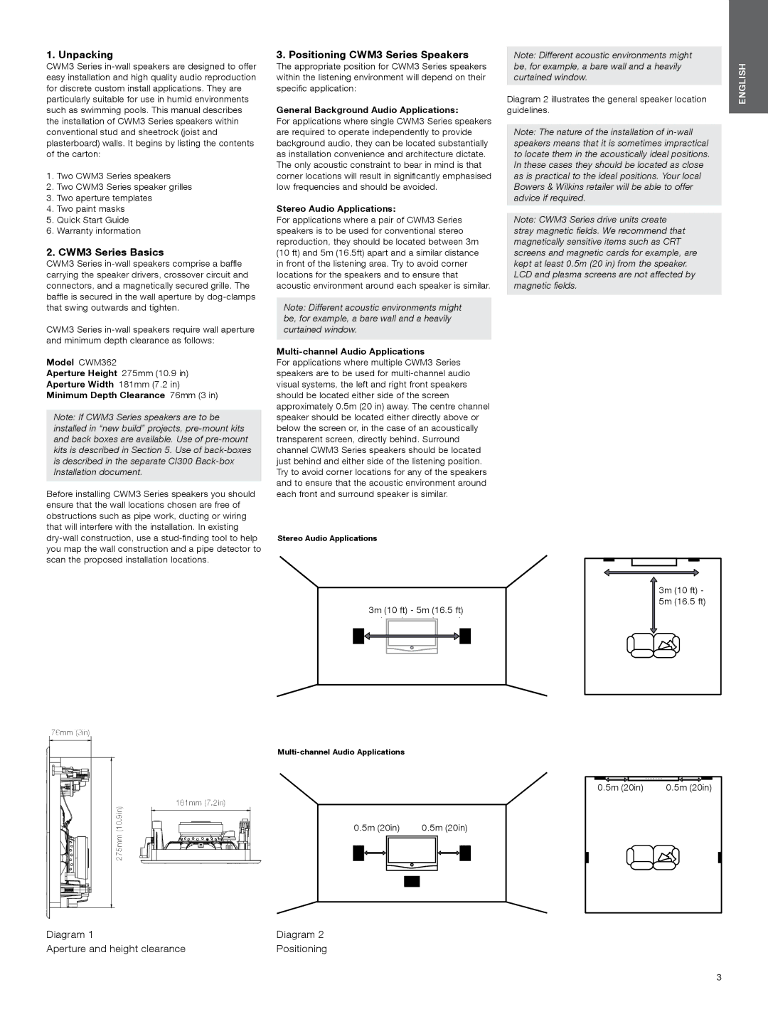 Bowers & Wilkins manual Unpacking, CWM3 Series Basics, Positioning CWM3 Series Speakers 