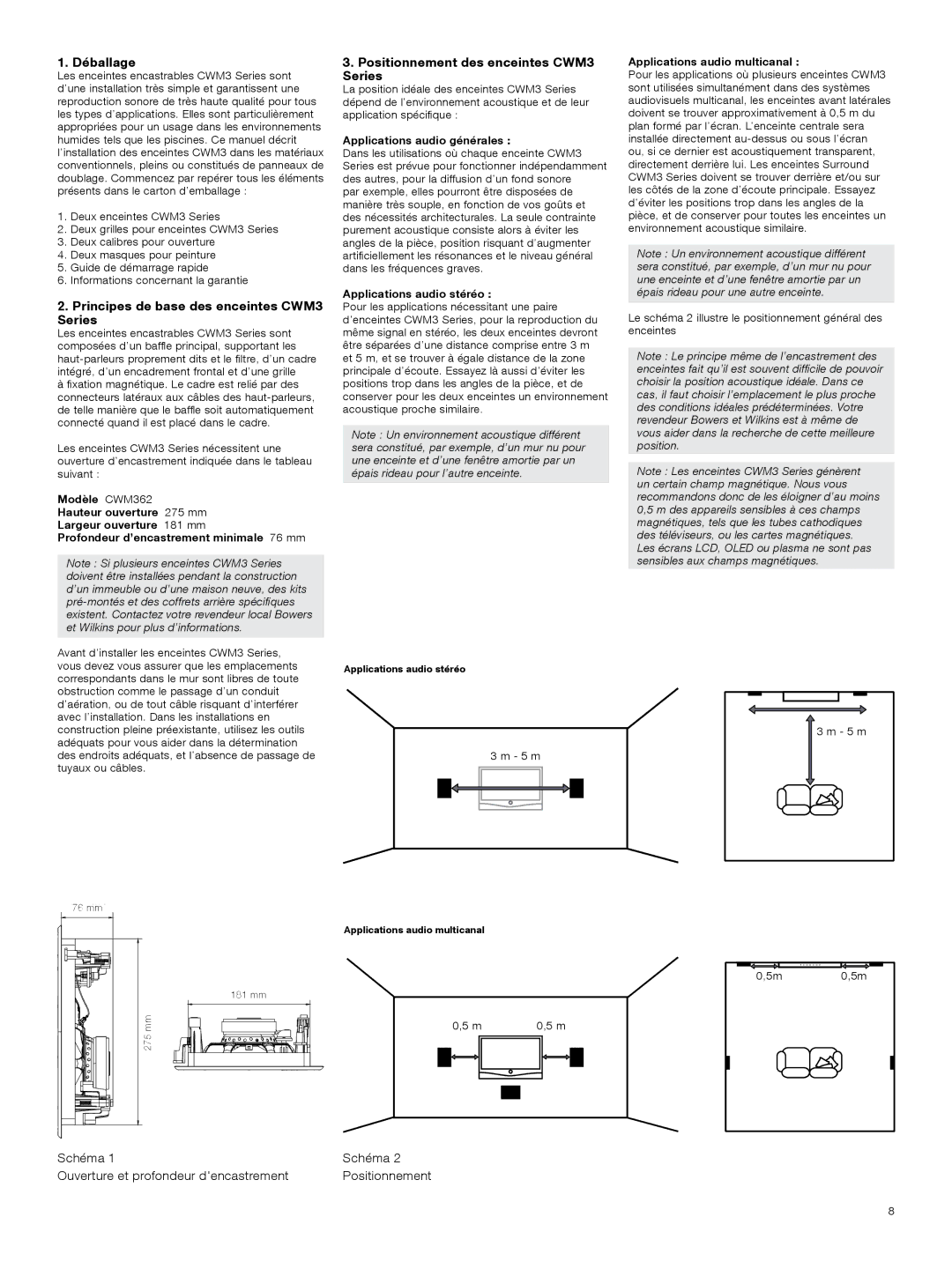 Bowers & Wilkins manual Déballage, Principes de base des enceintes CWM3 Series, Positionnement des enceintes CWM3 Series 