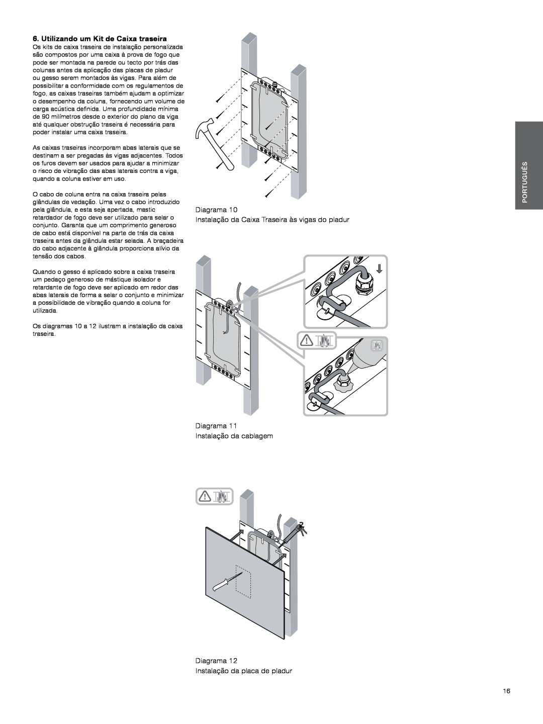 Bowers & Wilkins CWM3 manual Utilizando um Kit de Caixa traseira, Diagrama, Instalação da Caixa Traseira às vigas do pladur 