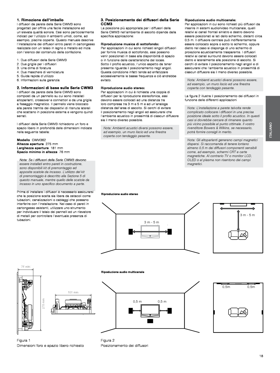 Bowers & Wilkins manual Rimozione dall’imballo, Informazioni di base sulle Serie CWM3, Figura, 3m 10 ft, Italiano 