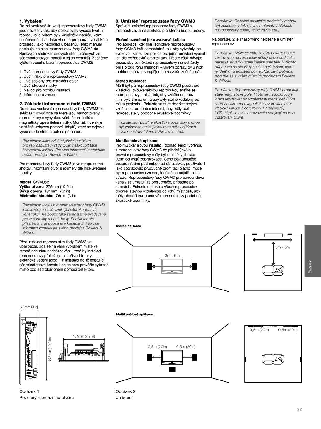 Bowers & Wilkins manual Vybalení, 2. Základní informace o řadě CWM3, 3.Umístění reprosoustav řady CWM3, 10 ft, 5m 16.5ft 