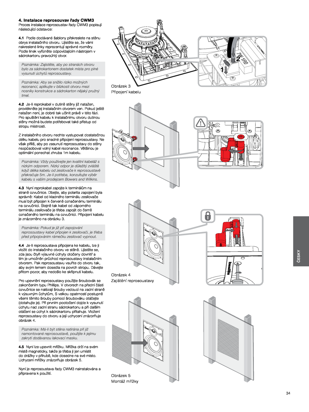 Bowers & Wilkins manual Instalace reprosouvav řady CWM3, Obrázek Připojení kabelu Obrázek, Česky 
