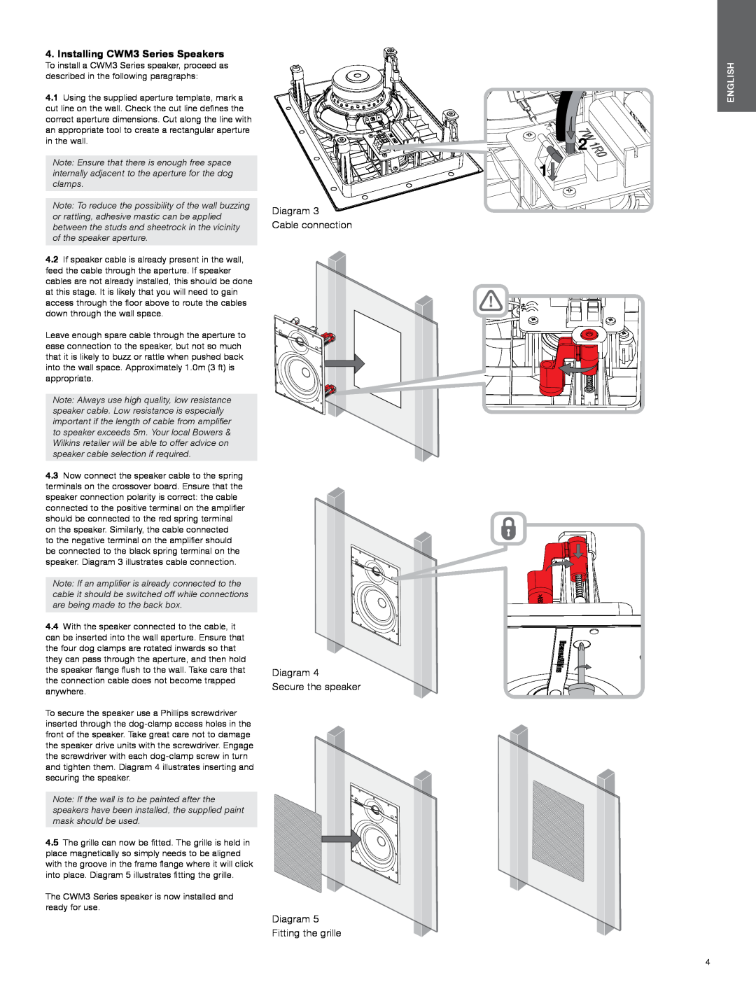 Bowers & Wilkins manual Installing CWM3 Series Speakers, Diagram Cable connection Diagram 