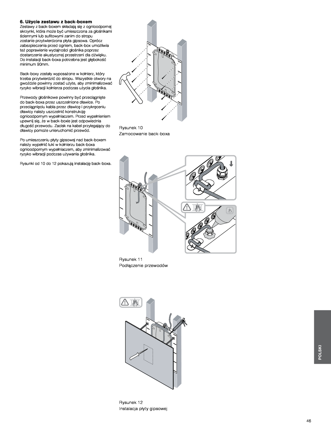 Bowers & Wilkins CWM3 6. Użycie zestawu z back-boxem, Rysunek 10 Zamocowanie back-boxa, Rysunek 11 Podłączenie przewodów 