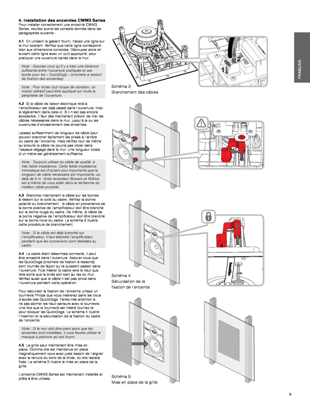 Bowers & Wilkins manual Installation des enceintes CWM3 Series, Schéma Branchement des câbles, Français 