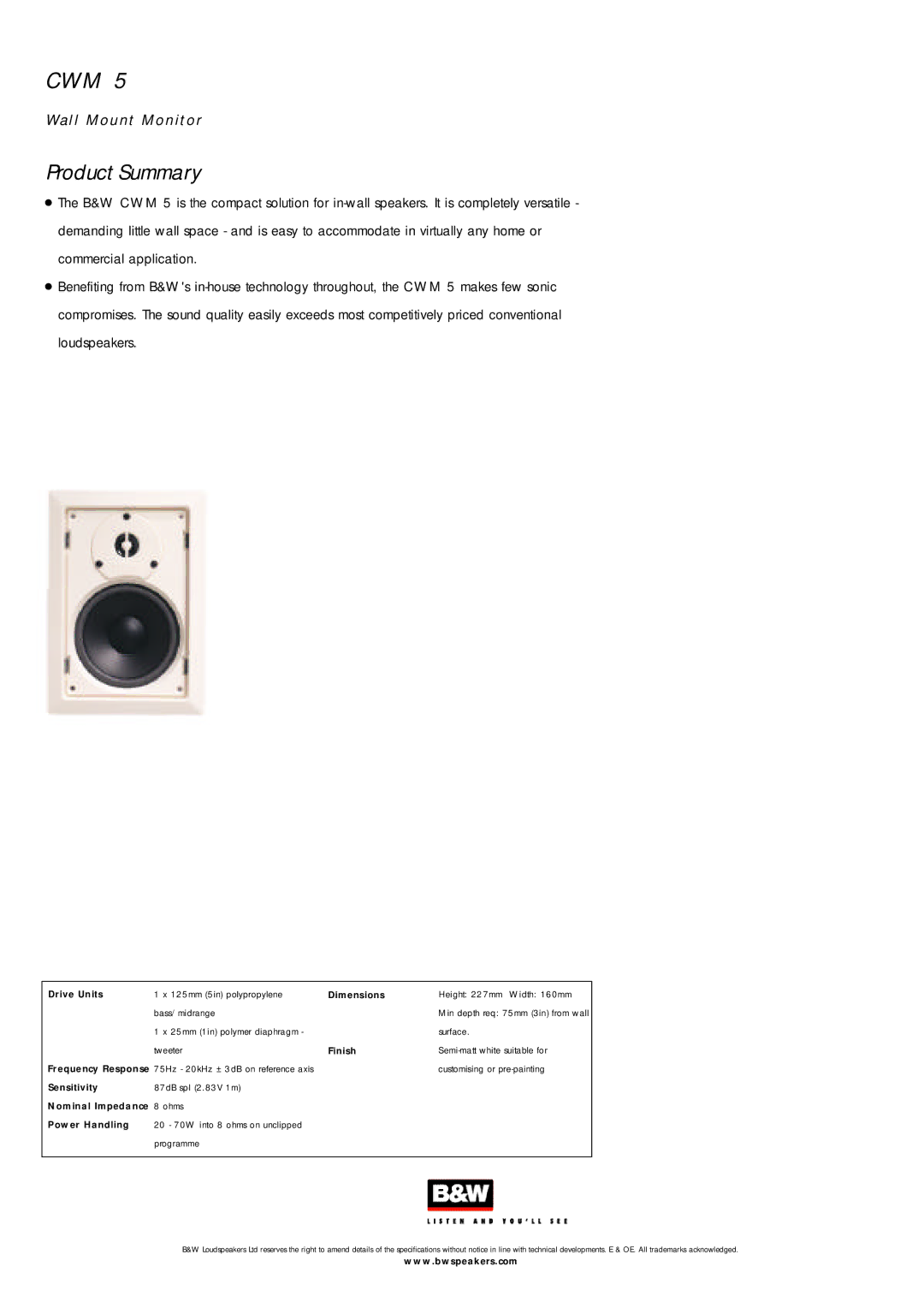 Bowers & Wilkins CWM5 specifications Cwm, Wall Mount Monitor Product Summary 