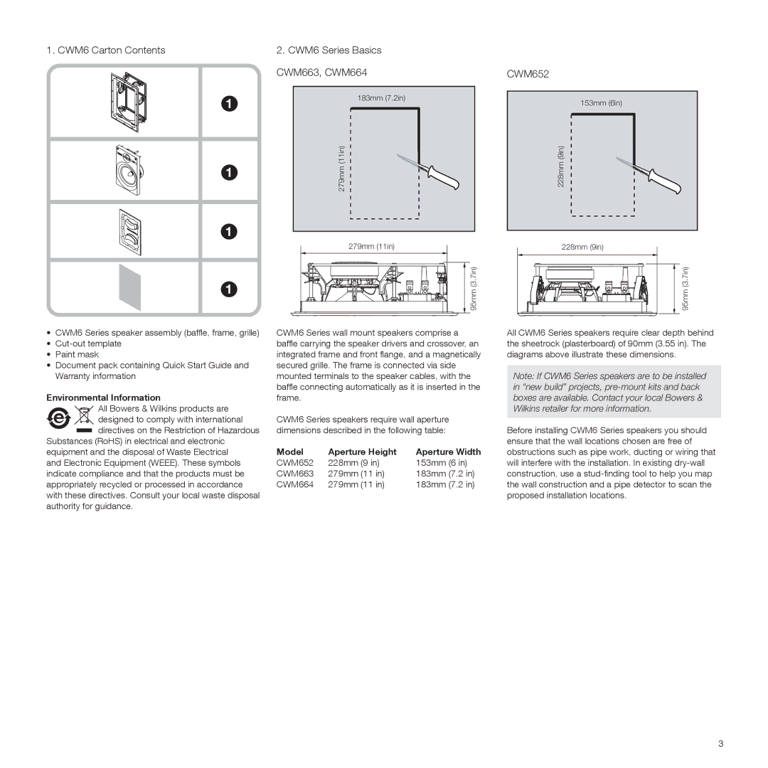 Bowers & Wilkins manual CWM6 Carton Contents, CWM6 Series Basics CWM663, CWM664, CWM652 