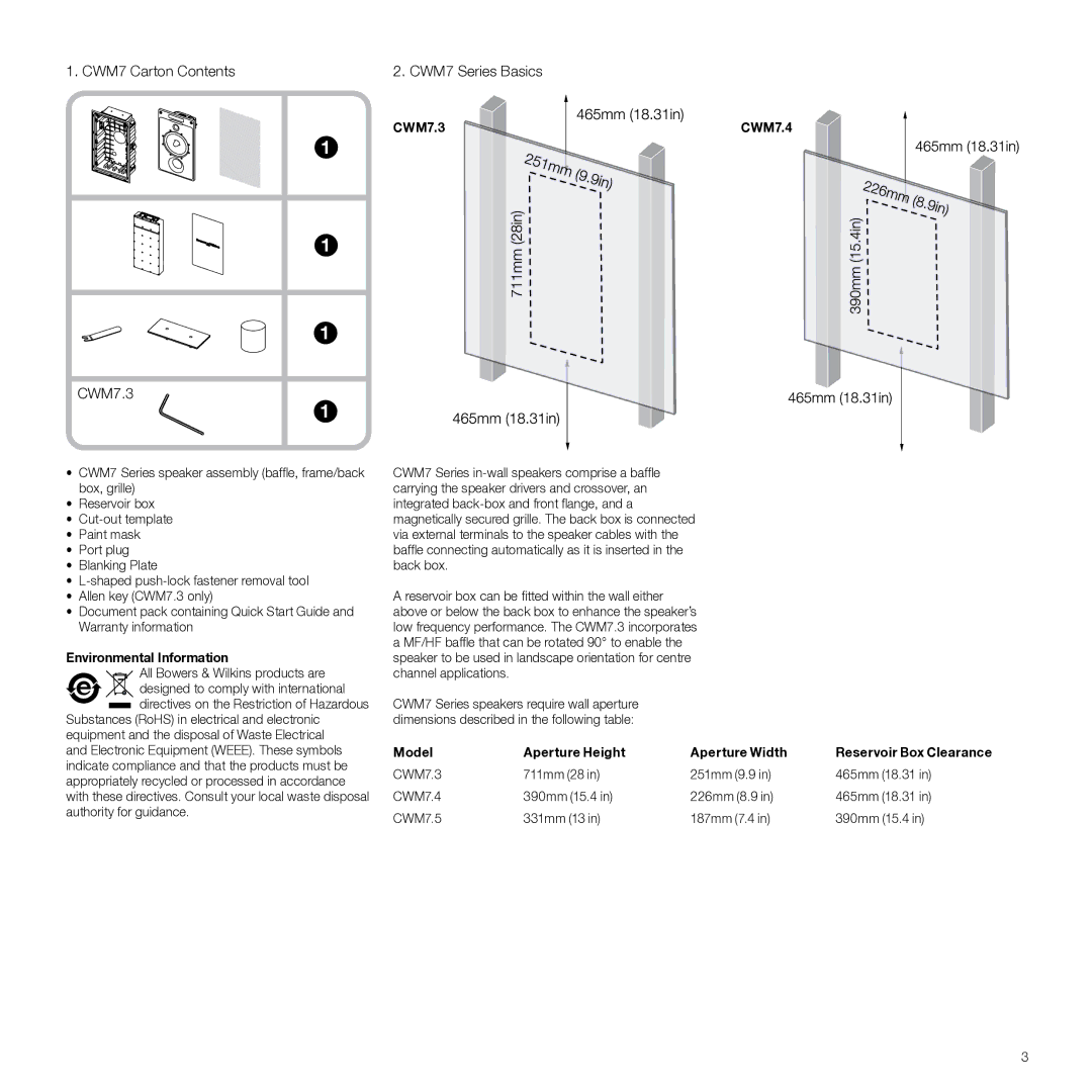 Bowers & Wilkins manual CWM7 Carton Contents CWM7 Series Basics, CWM7.3 CWM7.4, Environmental Information 