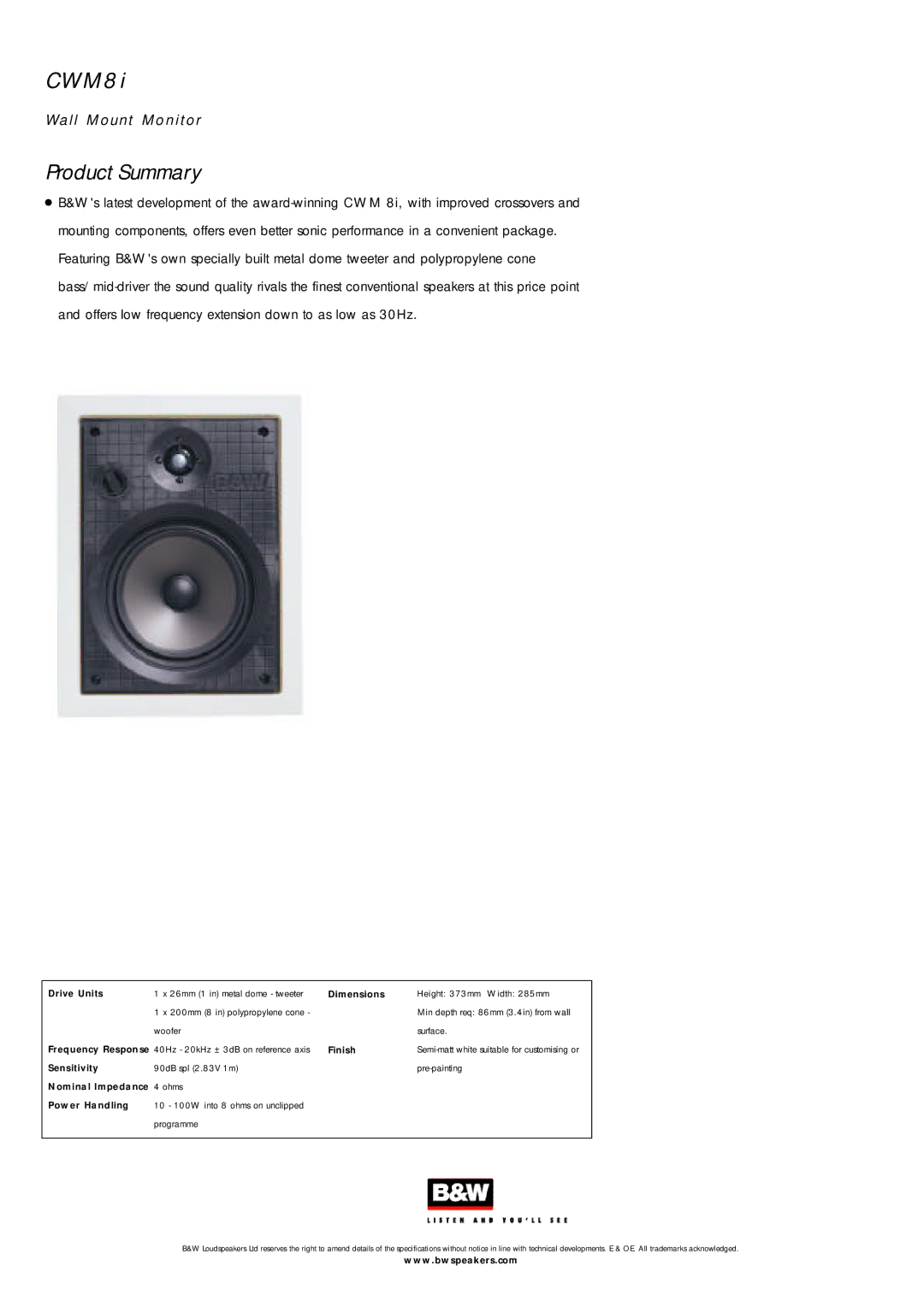 Bowers & Wilkins CWM8i specifications M 8, Wall Mount Mo nitor Product Summary 