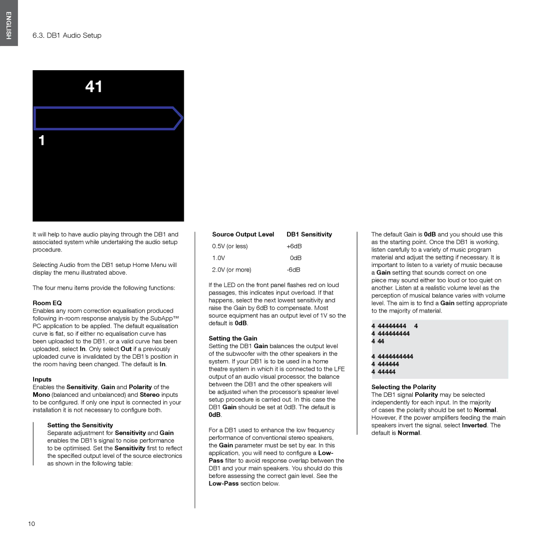 Bowers & Wilkins DB1 manual Room EQ, Inputs, Setting the Sensitivity, Source Output Level, Setting the Gain 