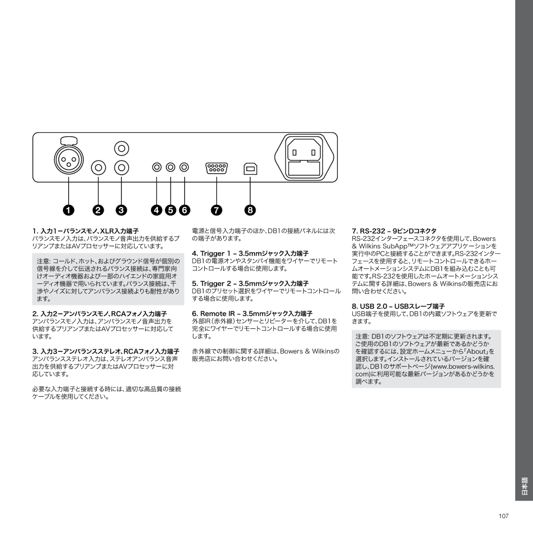 Bowers & Wilkins DB1 RS-232 9ピンDコネクタ, Trigger 1 3.5mmジャック入力端子 Wilkins SubAppソフトウェアアプリケーションを, Trigger 2 3.5mmジャック入力端子, 107 