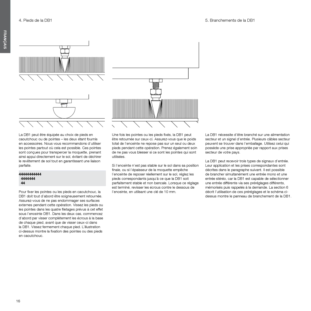 Bowers & Wilkins manual Pieds de la DB1, Branchements de la DB1 