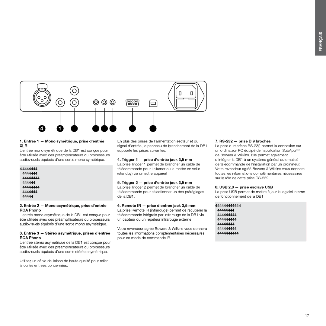 Bowers & Wilkins DB1 manual Entrée 1 Mono symétrique, prise d’entrée, Entrée 2 Mono asymétrique, prise d’entrée RCA Phono 