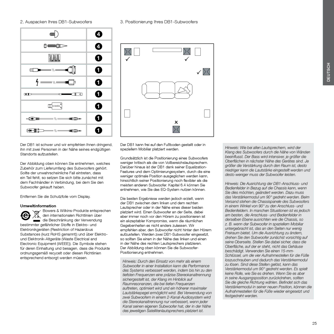 Bowers & Wilkins manual Auspacken Ihres DB1-Subwoofers, Positionierung Ihres DB1-Subwoofers, Umweltinformation 