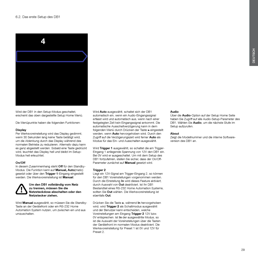 Bowers & Wilkins manual Das erste Setup des DB1, Die Menüpunkte haben die folgenden Funktionen 