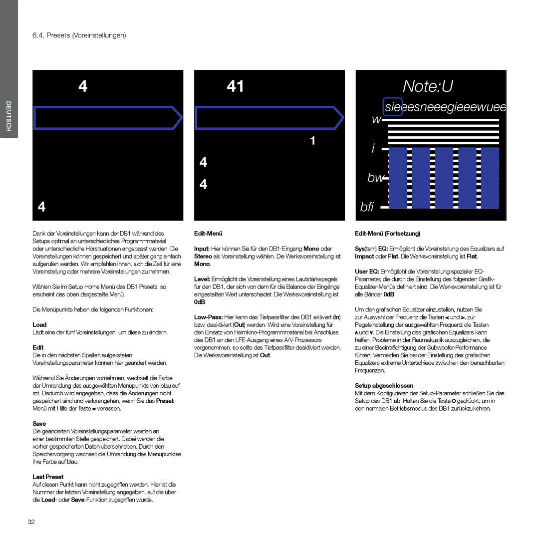 Bowers & Wilkins DB1 manual Presets Voreinstellungen, Lädt eine der fünf Voreinstellungen, um diese zu ändern, Edit-Menü 