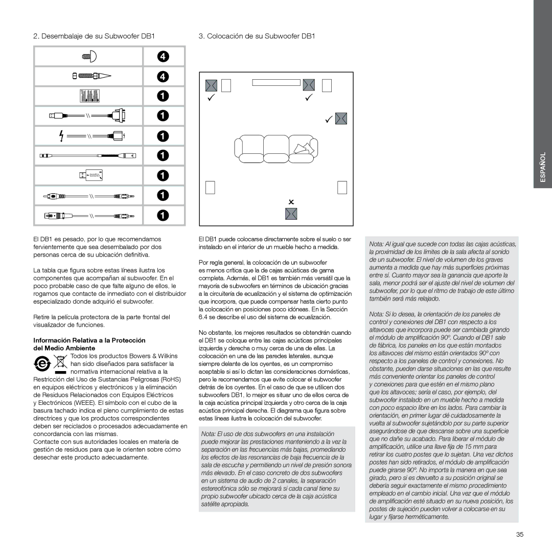 Bowers & Wilkins manual Desembalaje de su Subwoofer DB1, Colocación de su Subwoofer DB1 