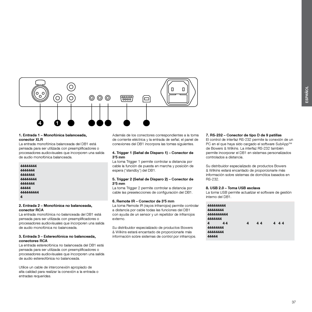 Bowers & Wilkins DB1 manual Entrada 1 Monofónica balanceada, conector XLR, Entrada 2 Monofónica no balanceada, conector RCA 
