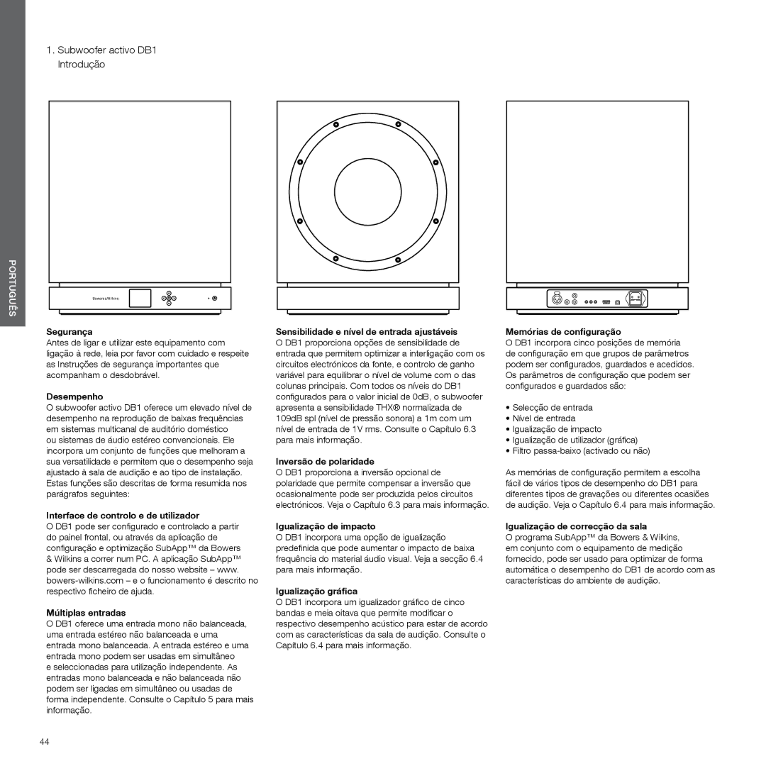 Bowers & Wilkins manual Subwoofer activo DB1 Introdução 