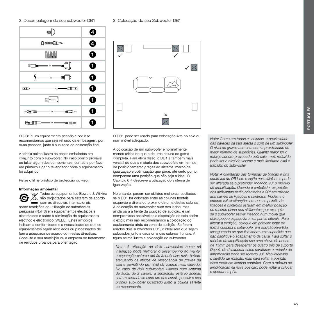Bowers & Wilkins manual Desembalagem do seu subwoofer DB1, Informação ambiental 