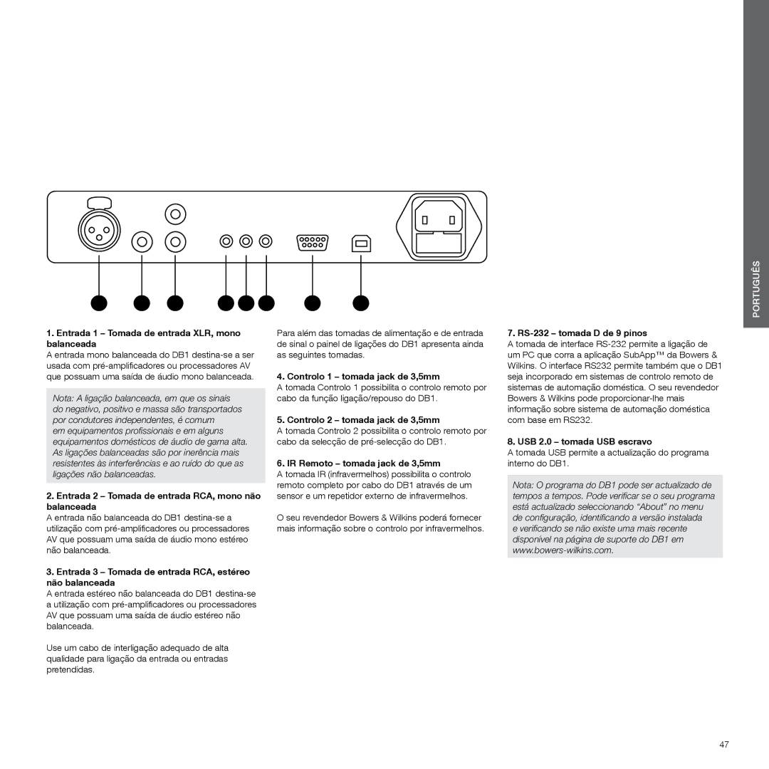 Bowers & Wilkins DB1 manual Entrada 1 Tomada de entrada XLR, mono balanceada, Controlo 1 tomada jack de 3,5mm 