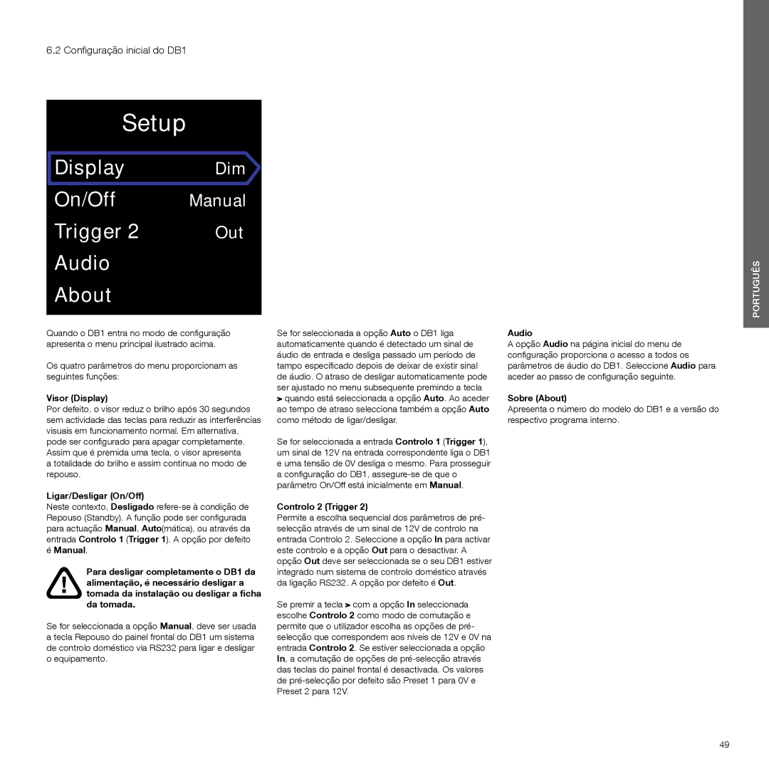 Bowers & Wilkins Configuração inicial do DB1, Visor Display, Ligar/Desligar On/Off, Controlo 2 Trigger, Sobre About 