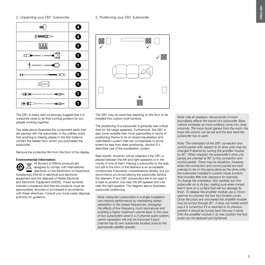 Bowers & Wilkins manual Unpacking your DB1 Subwoofer, Positioning your DB1 Subwoofer, Environmental Information 