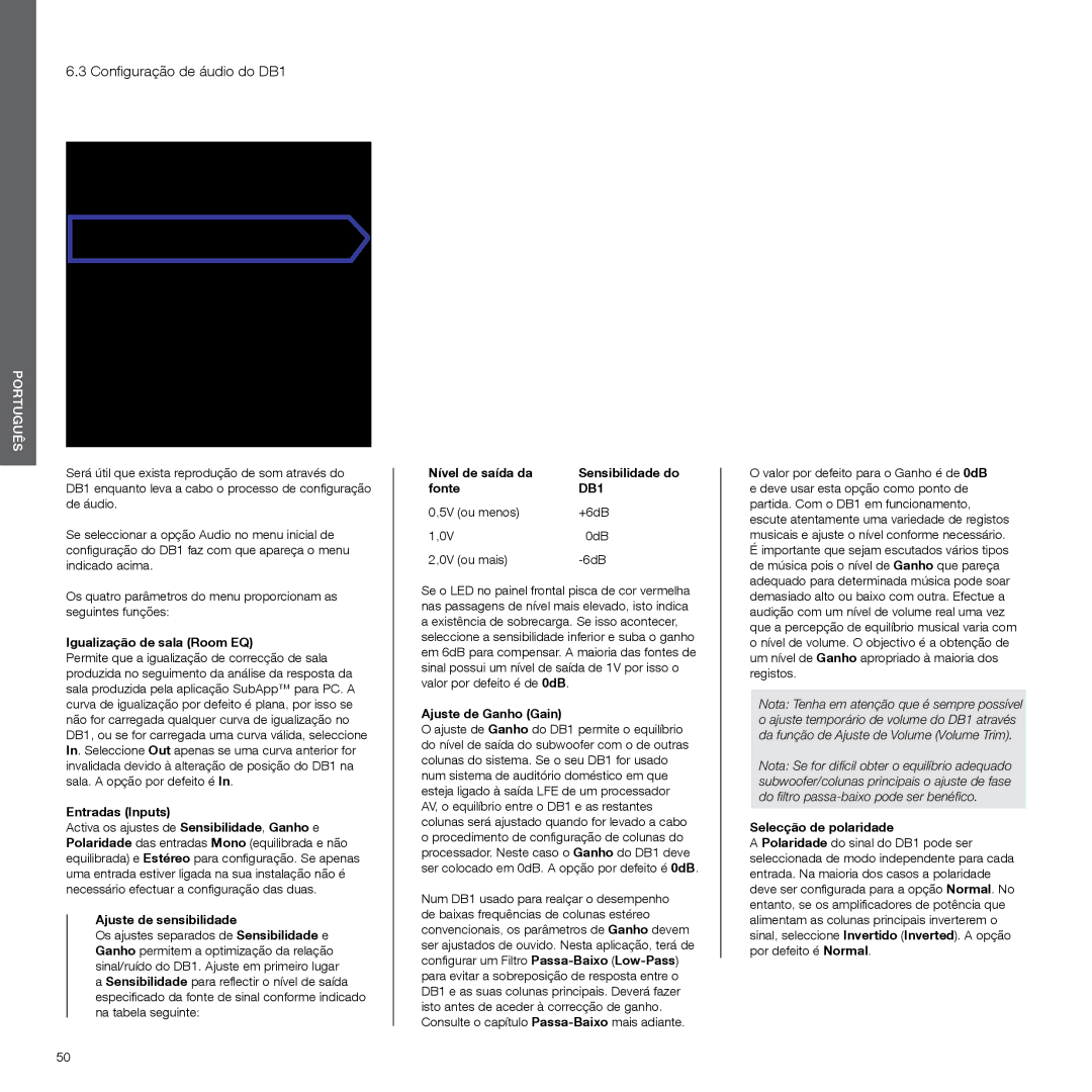 Bowers & Wilkins manual Configuração de áudio do DB1 