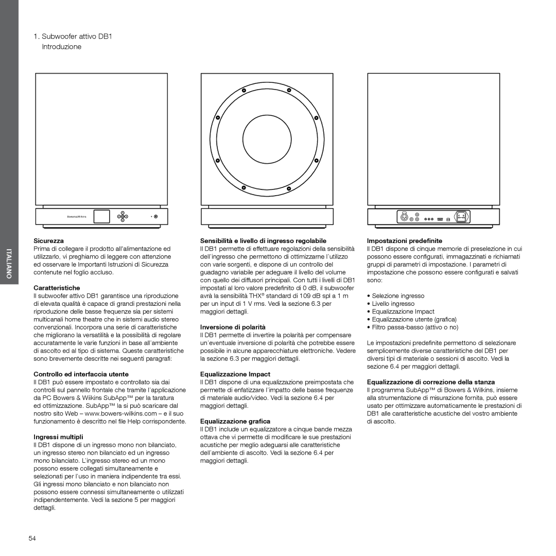 Bowers & Wilkins manual Subwoofer attivo DB1 Introduzione 