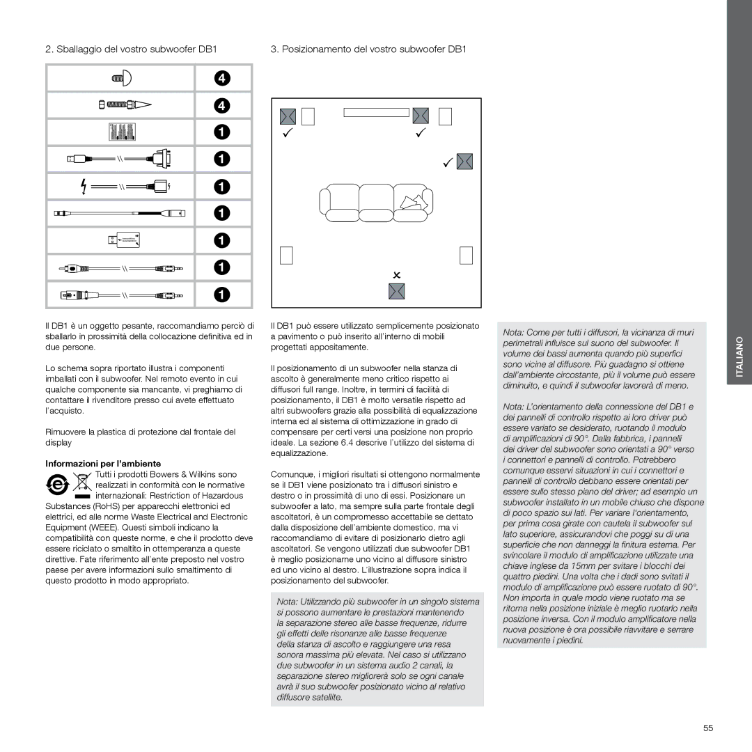 Bowers & Wilkins manual Sballaggio del vostro subwoofer DB1, Posizionamento del vostro subwoofer DB1 