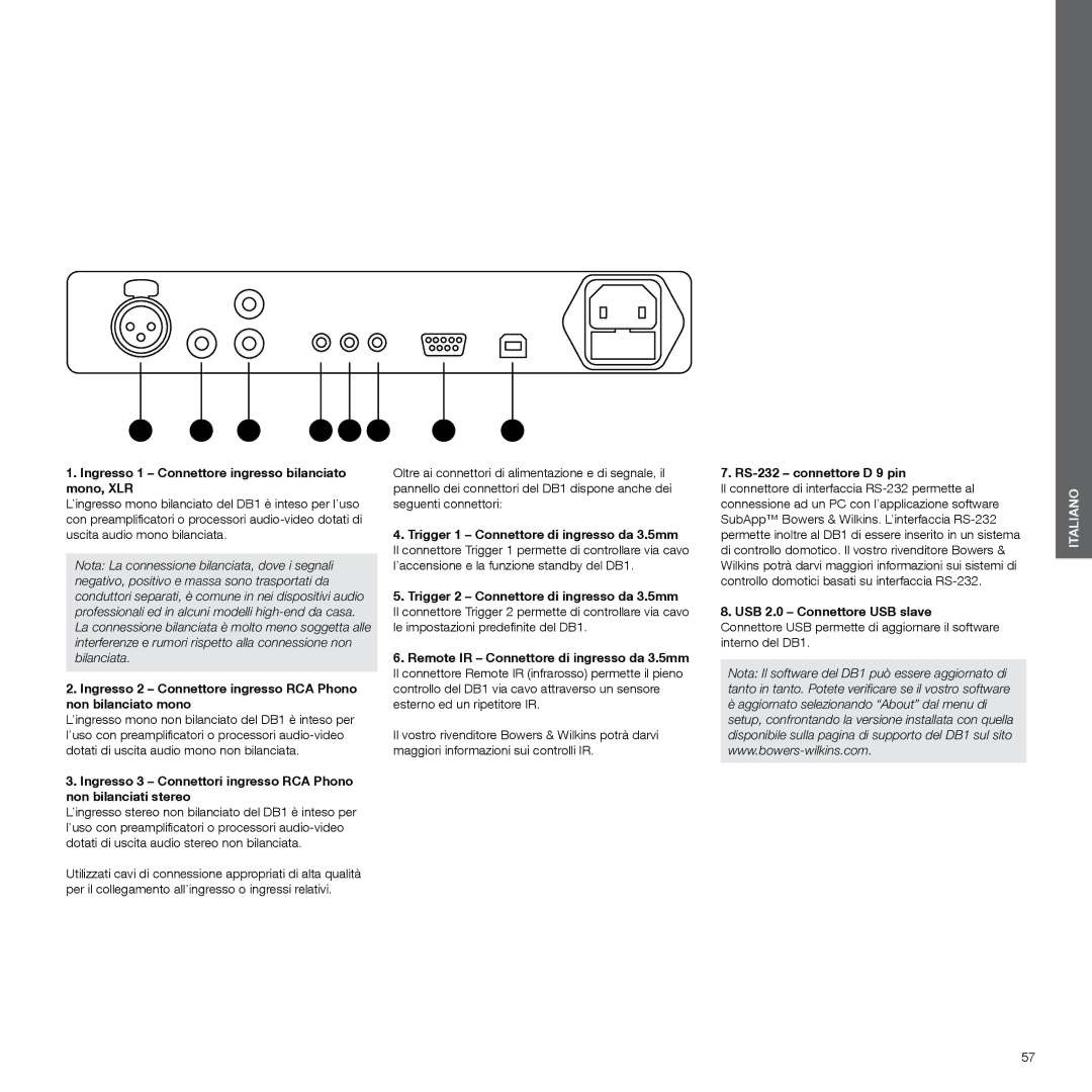 Bowers & Wilkins DB1 manual Ingresso 1 Connettore ingresso bilanciato mono, XLR, RS-232 connettore D 9 pin 