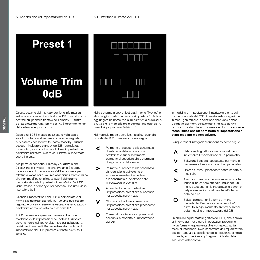 Bowers & Wilkins manual Accensione ed impostazione del DB1, Interfaccia utente del DB1 