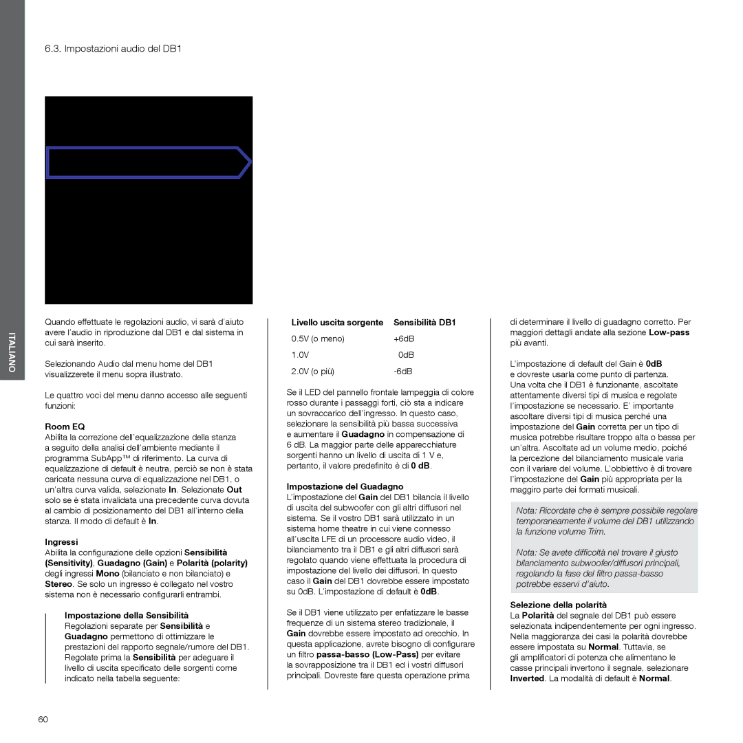 Bowers & Wilkins manual Impostazioni audio del DB1, Ingressi, Meno +6dB 0dB Più, Impostazione del Guadagno 