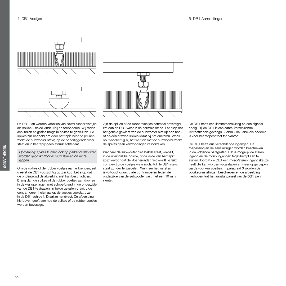 Bowers & Wilkins manual DB1 Voetjes, DB1 Aansluitingen 