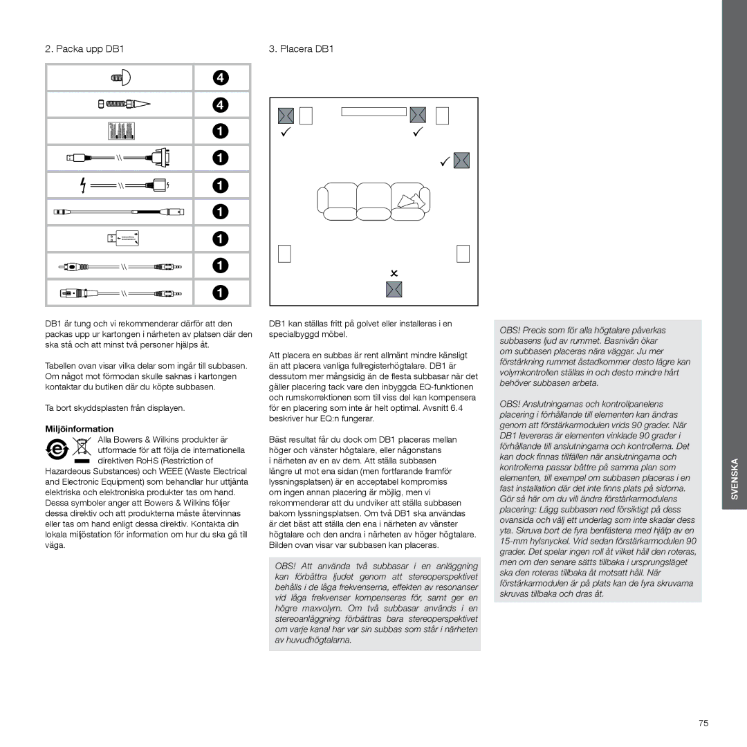 Bowers & Wilkins manual Packa upp DB1, Placera DB1, Ta bort skyddsplasten från displayen, Miljöinformation 