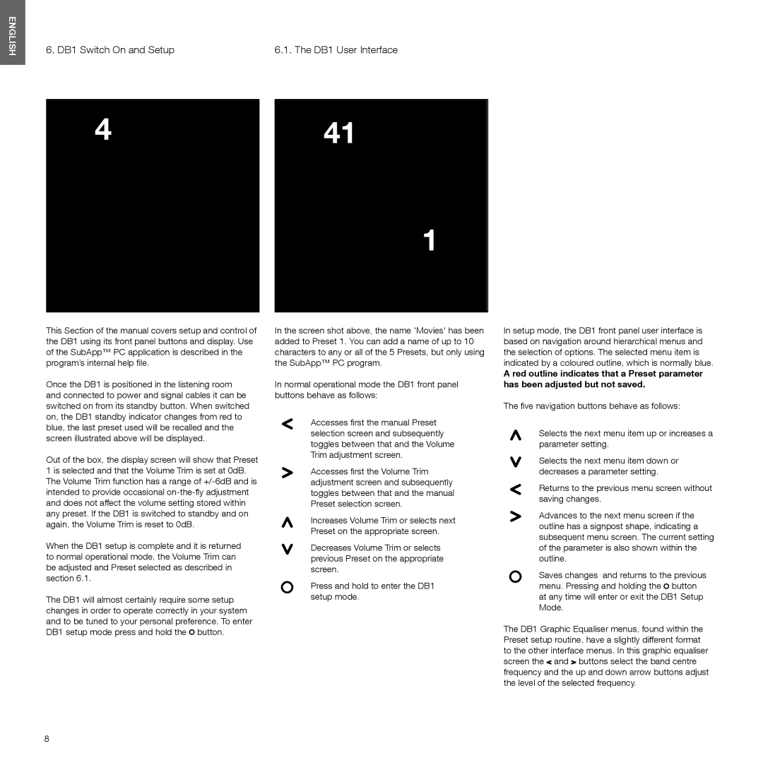 Bowers & Wilkins manual DB1 Switch On and Setup, DB1 User Interface 