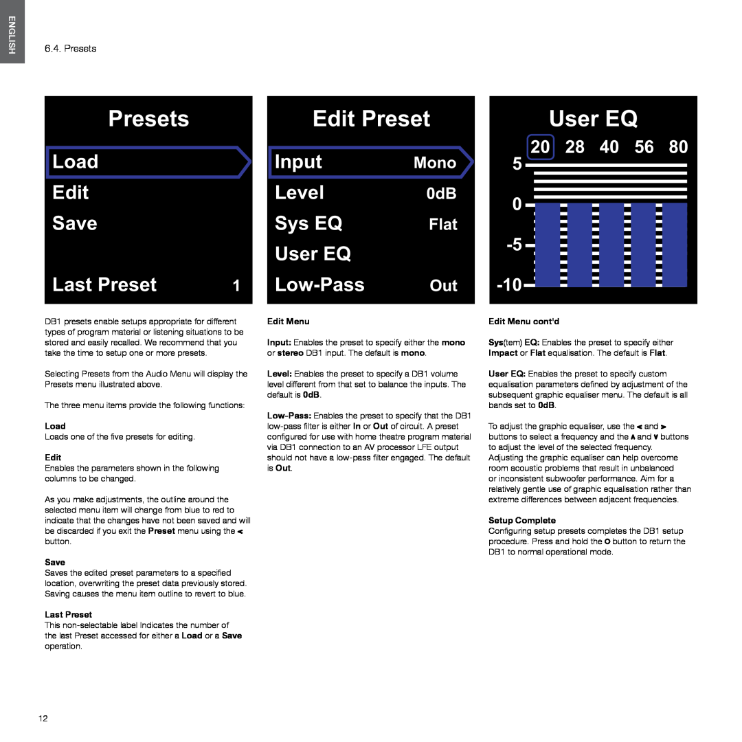 Bowers & Wilkins DB1 Presets, Edit Preset, User EQ, Load Edit, Input, Level, Save, Last Preset, Sys EQ, 20 28 40 56, Mono 