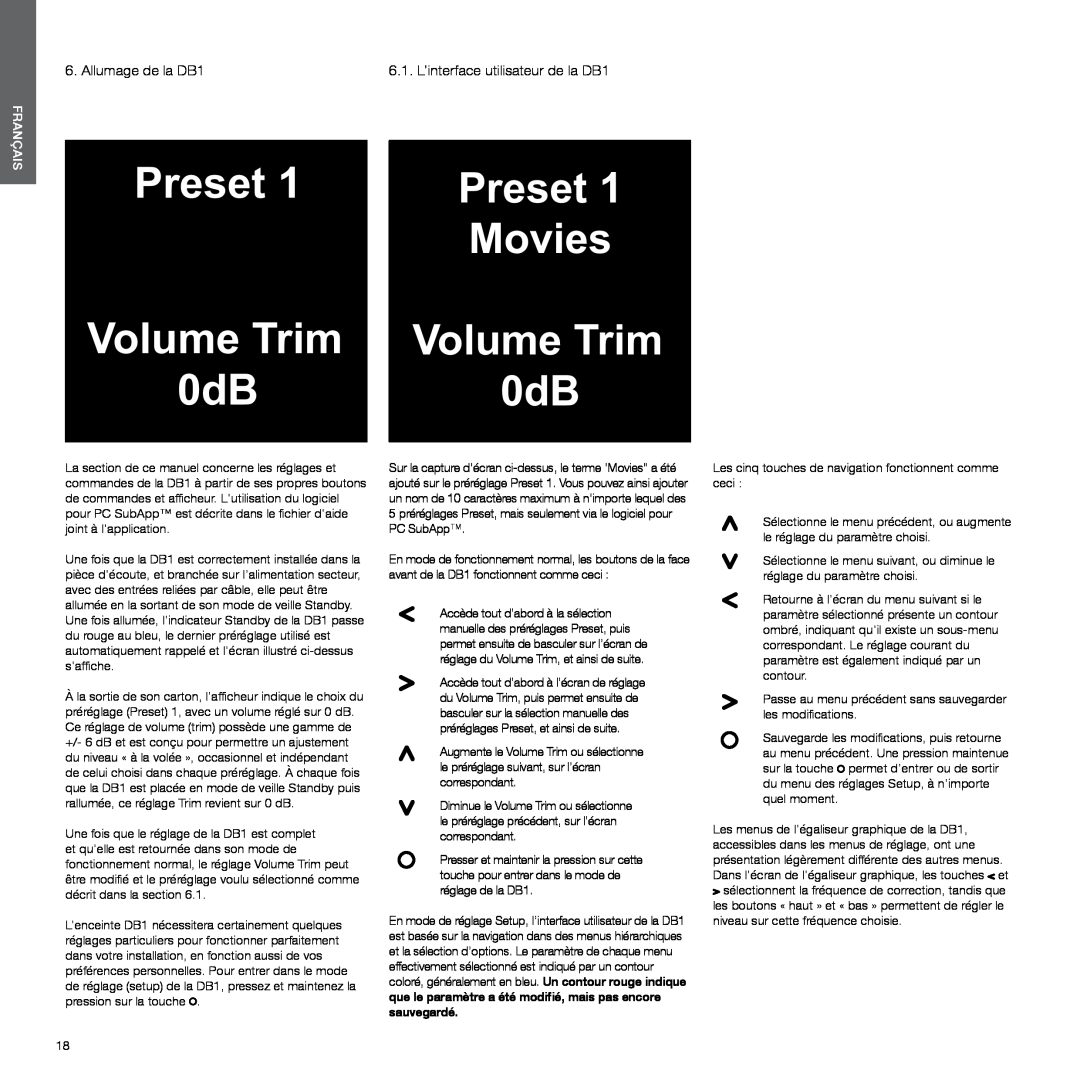 Bowers & Wilkins manual Allumage de la DB1, Preset Movies Volume Trim 0dB, Français 