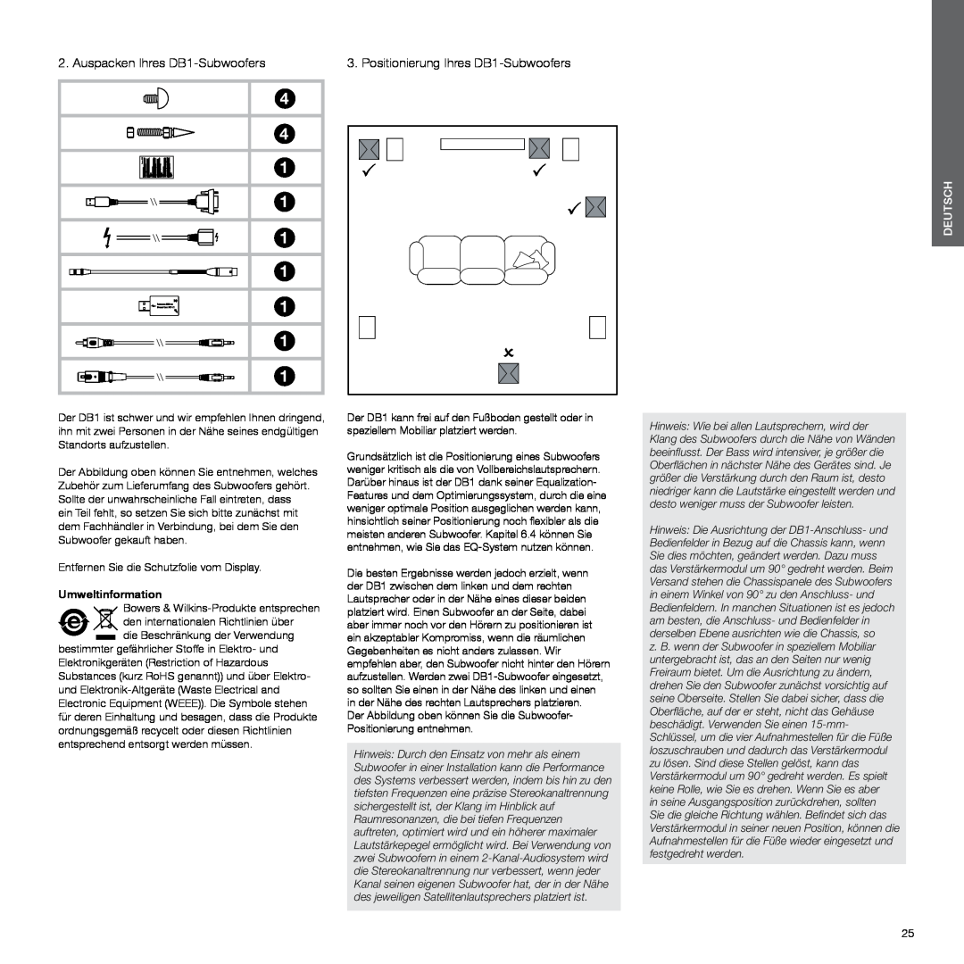Bowers & Wilkins manual Auspacken Ihres DB1-Subwoofers, Umweltinformation, 4 4 1 1 1 1 1 1 1, Deutsch 