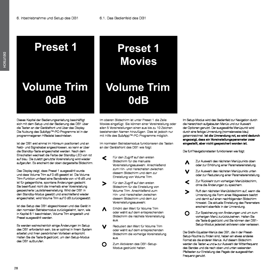 Bowers & Wilkins manual Inbetriebnahme und Setup des DB1, Preset Movies Volume Trim 0dB, Deutsch 