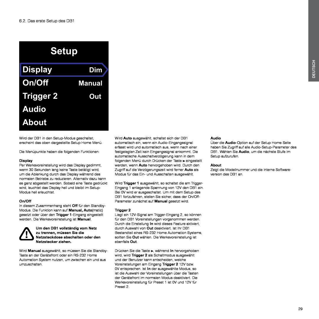 Bowers & Wilkins manual Das erste Setup des DB1, Display, On/Off, Trigger, Audio, About, Manual, Deutsch 
