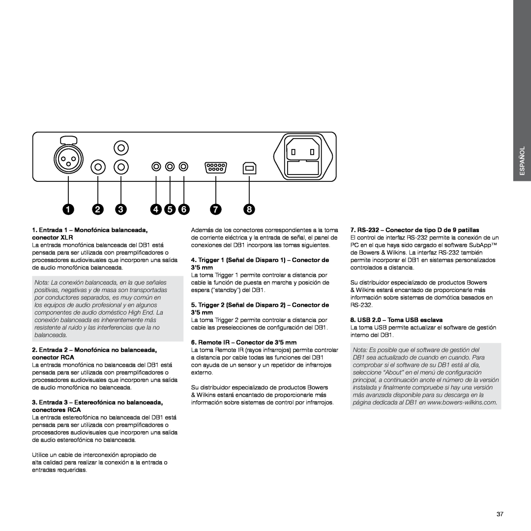 Bowers & Wilkins DB1 manual Entrada 1 – Monofónica balanceada, conector XLR, Remote IR – Conector de 3’5 mm, Español 