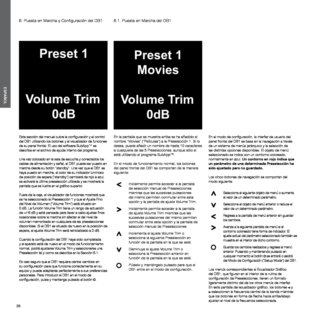 Bowers & Wilkins manual Puesta en Marcha y Configuración del DB1, Preset Movies Volume Trim 0dB, Español 