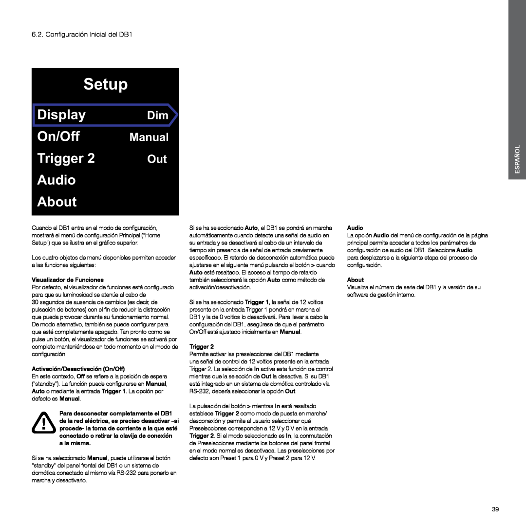Bowers & Wilkins manual Configuración Inicial del DB1, Visualizador de Funciones, Activación/Desactivación On/Off, Setup 