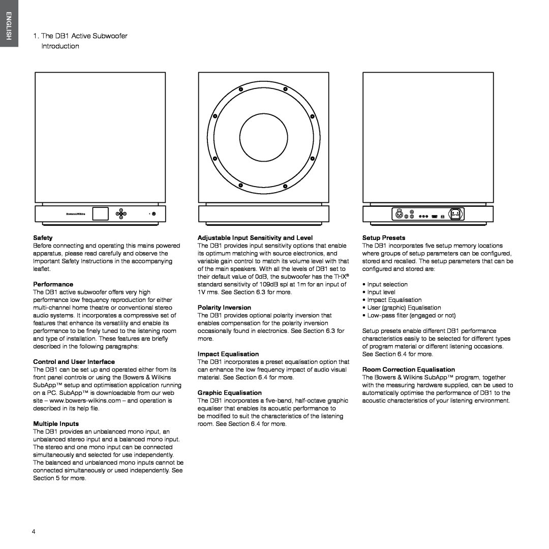Bowers & Wilkins manual The DB1 Active Subwoofer Introduction, English, Safety, Performance, Control and User Interface 