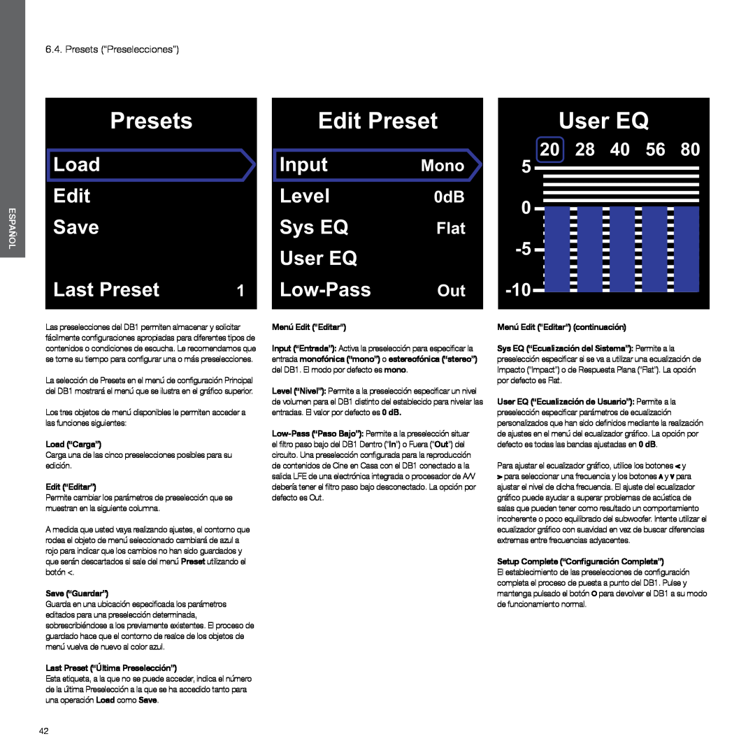 Bowers & Wilkins DB1 Presets “Preselecciones”, Load “Carga”, Edit “Editar”, Save “Guardar”, Menú Edit Editar, Edit Preset 