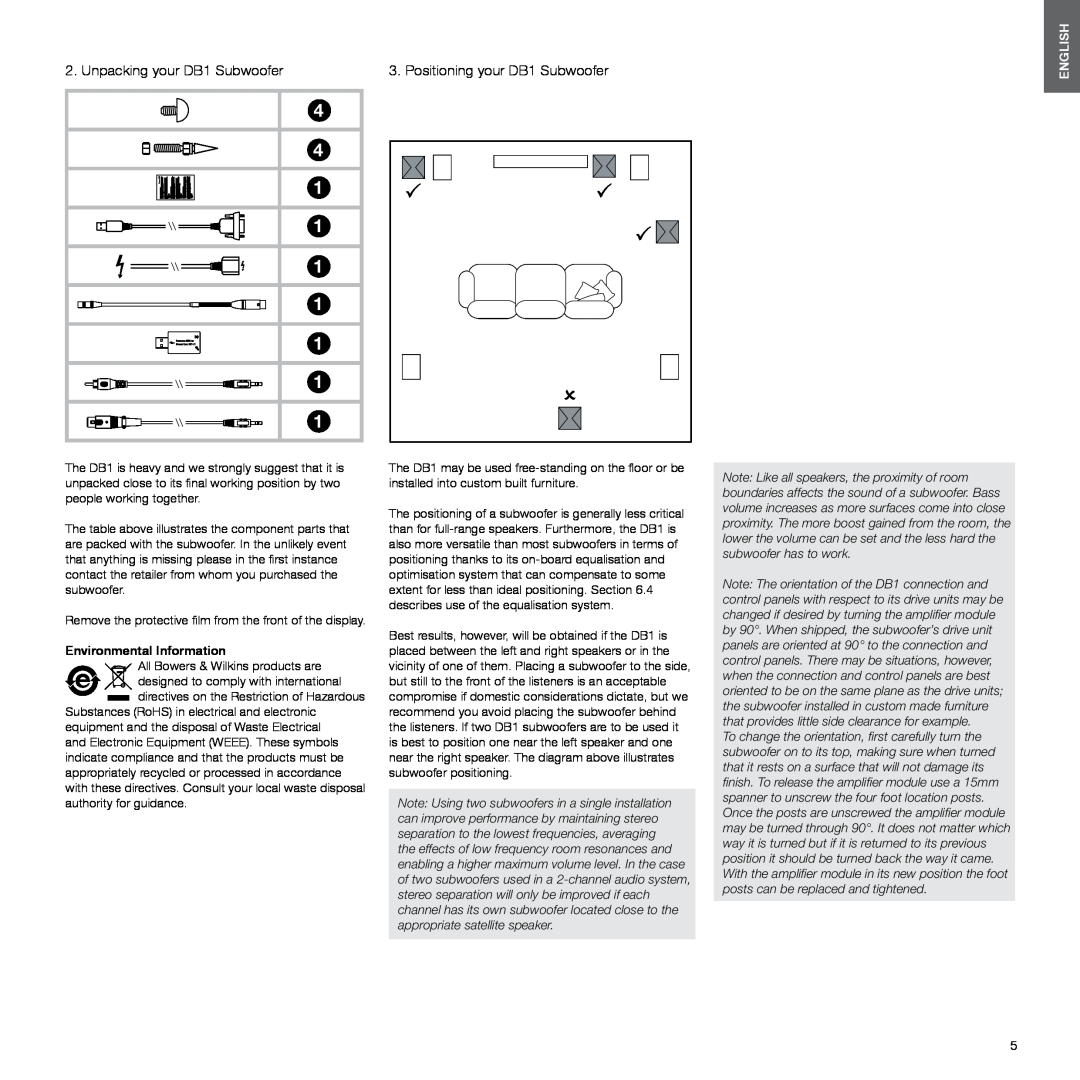 Bowers & Wilkins manual 4 4 1 1 1 1 1 1 1, Unpacking your DB1 Subwoofer, Environmental Information, English 