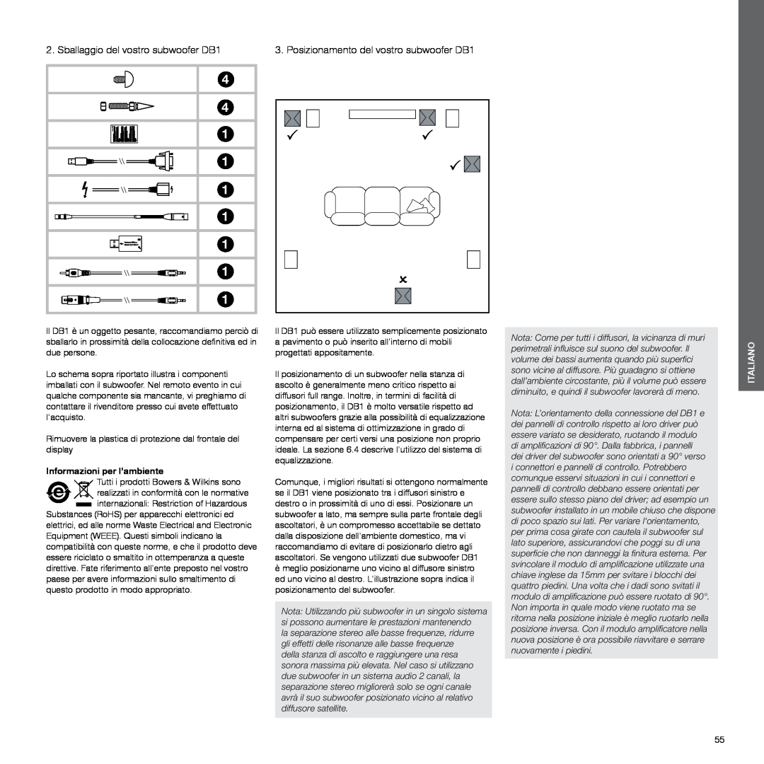 Bowers & Wilkins manual Sballaggio del vostro subwoofer DB1, Informazioni per l’ambiente, 4 4 1 1 1 1 1 1 1, Italiano 