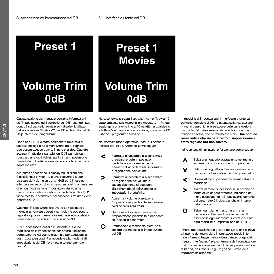 Bowers & Wilkins manual Accensione ed impostazione del DB1, Preset Movies Volume Trim 0dB, Italiano 
