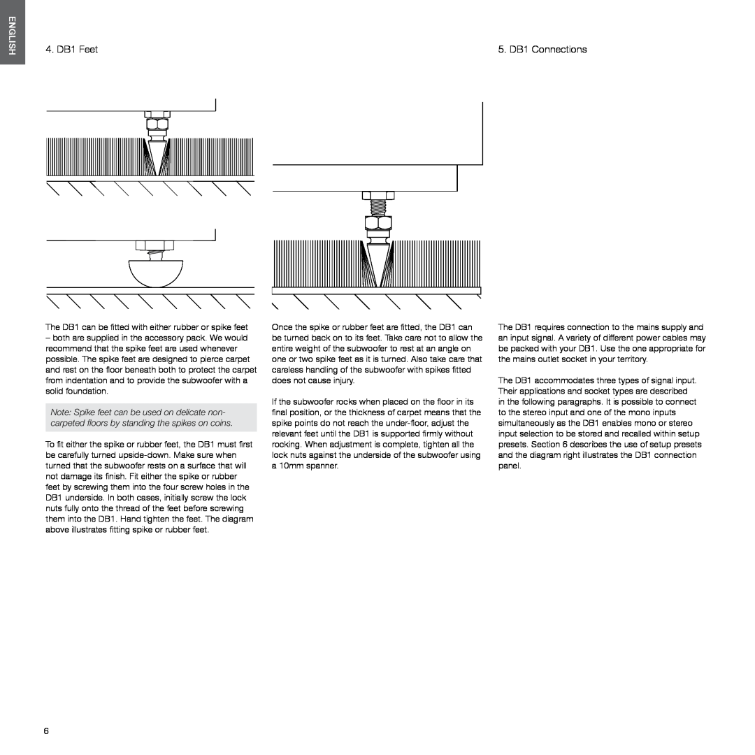 Bowers & Wilkins manual 4. DB1 Feet, 5. DB1 Connections, English 